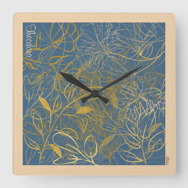 Classic Gold Leaf Blue Background Square Wall Clock (Front)