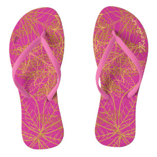 Classic Gold Leaf Fuchsia Background Thongs