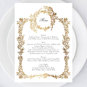 Classic Gold Monogram Botanical Crest Wedding Menu