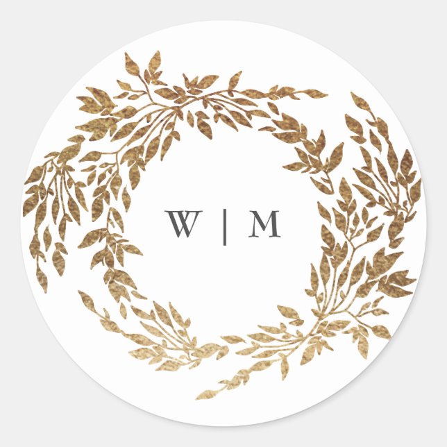 Classic Gold Monogram Botanical Crest Wedding Round Sticker (Front)