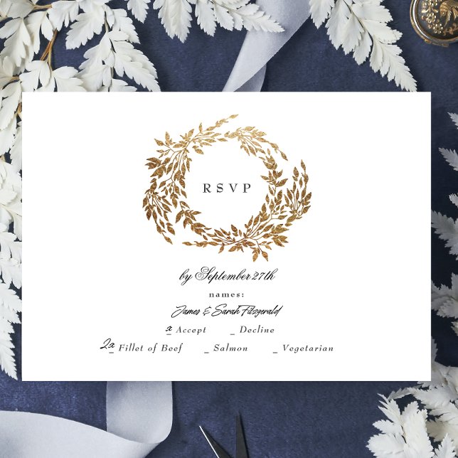 Classic Gold Monogram Botanical Crest Wedding RSVP Card (Creator Uploaded)