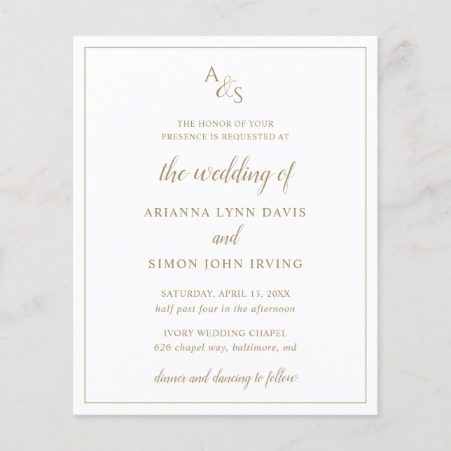 Classic Gold Monogram Budget Wedding Invitation (Front)