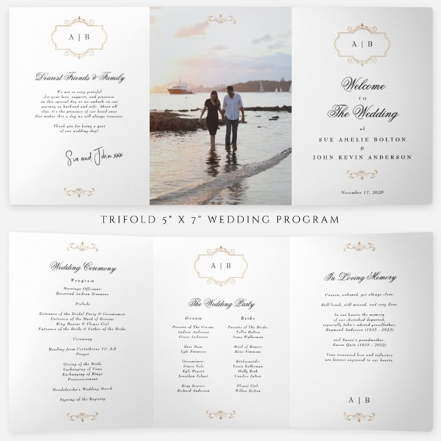 classic gold monogram tri-fold wedding program (Creator Uploaded)
