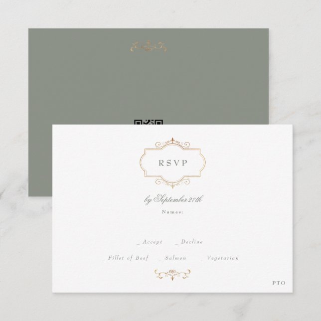 classic gold monogram website QR CODE BACK sage RSVP Card (Front/Back)