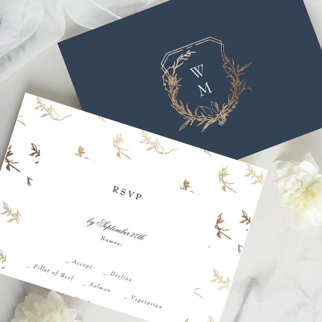 classic gold Navy Blue monogram crest wedding RSVP Card (Creator Uploaded)