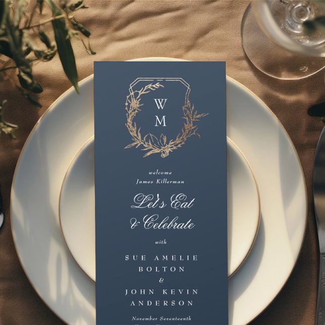 classic gold navy floral motif monogram Wedding  Menu (Creator Uploaded)