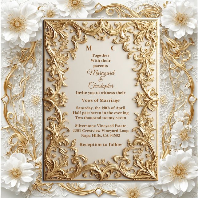 Classic Gold Ornate Floral Motif Modern Typography Invitation (Classic Gold Ornate Floral Motif Modern Typography Invitation)