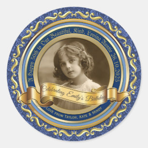 Classic Gold Photo Frame Elegant Banner Dark Blue Round Sticker