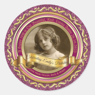 Classic Gold Photo Frame Elegant Banner Pink Round Sticker