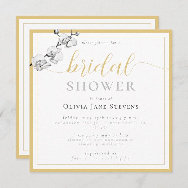 Classic Gold Script White Orchids Bridal Shower Invitation (Front/Back)