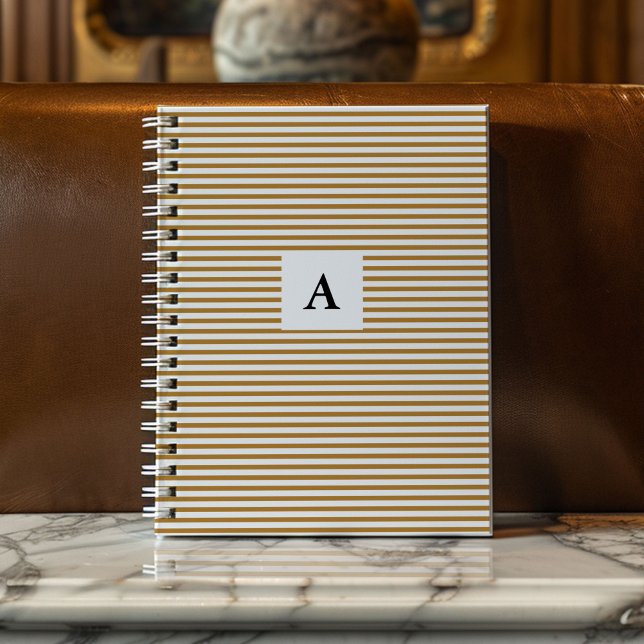 Classic Gold Stripe Monogram Notebook (Professional and chic gold and white pinstripe monogram initial notebook.)