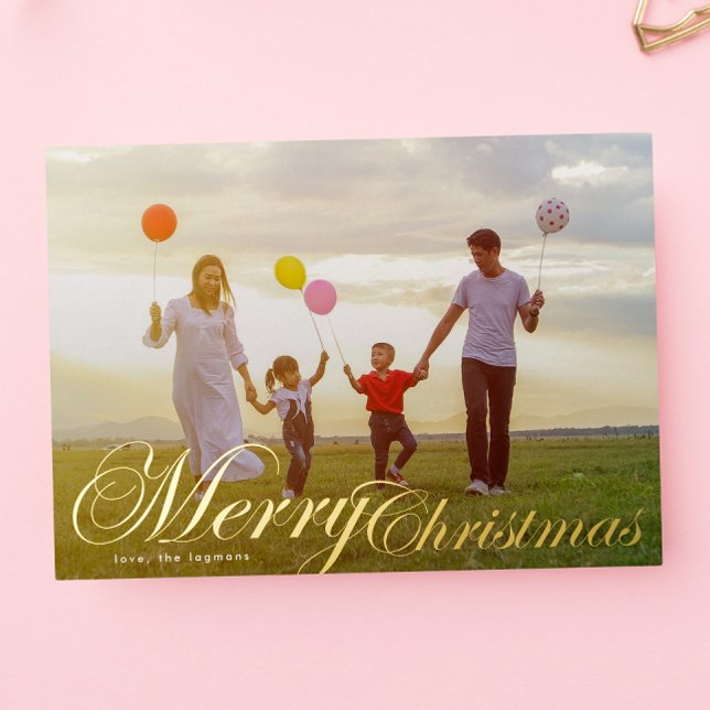 Classic Gold Typography Photo Merry Christmas Foil Holiday Card (Creator Uploaded)