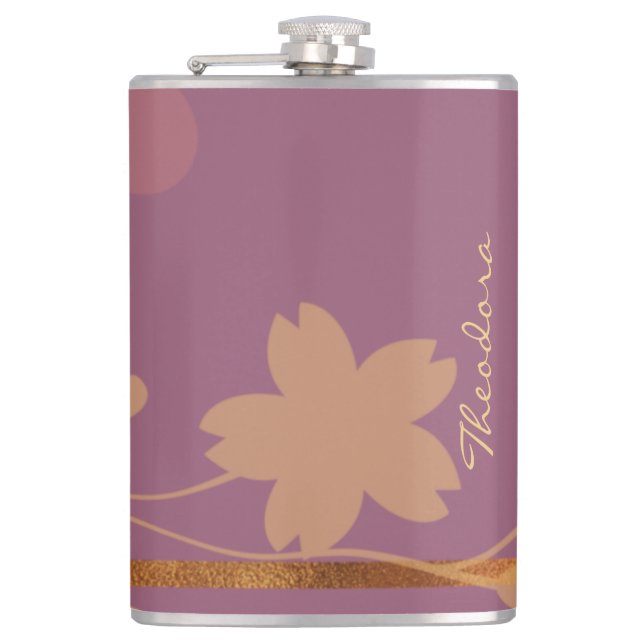 Classic Gold Violet Abstract Floral Hip Flask (Front)