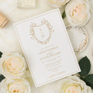 Classic Gold Wildflower Monogram Crest Wedding Invitation