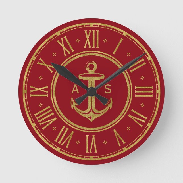 Classic Golden Anchor | Nautical Red Round Clock (Front)