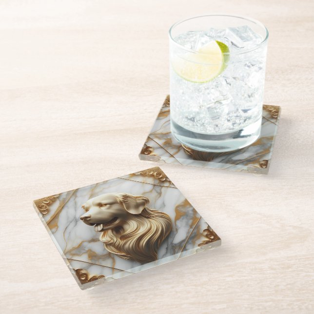 Classic Golden Retriever Marble Aesthetic Glass Coaster (Angled)