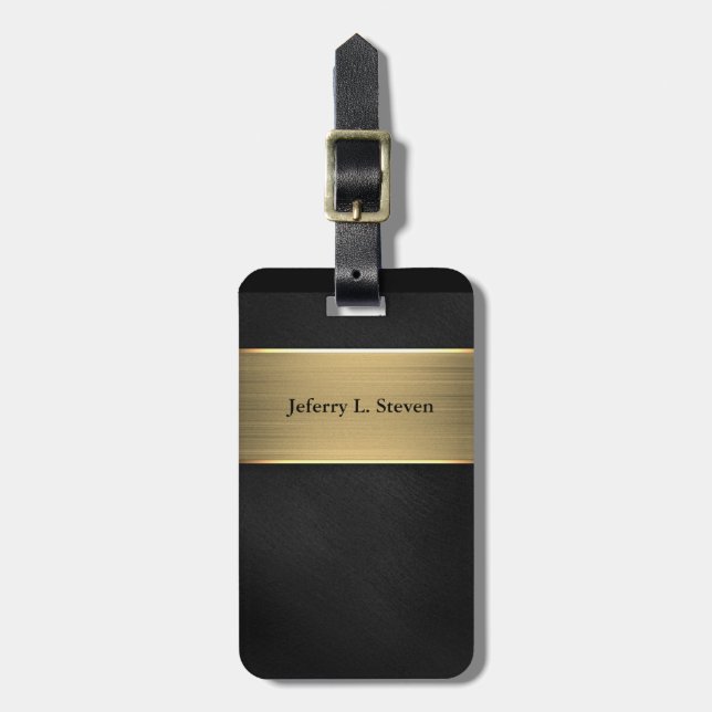 Classic Golden Stripe on Black | Personalised Luggage Tag (Front Vertical)