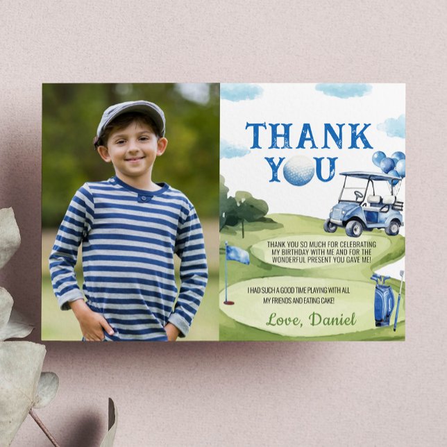 Classic Golf Boy Birthday Photo Thank You Card (Creator Uploaded)