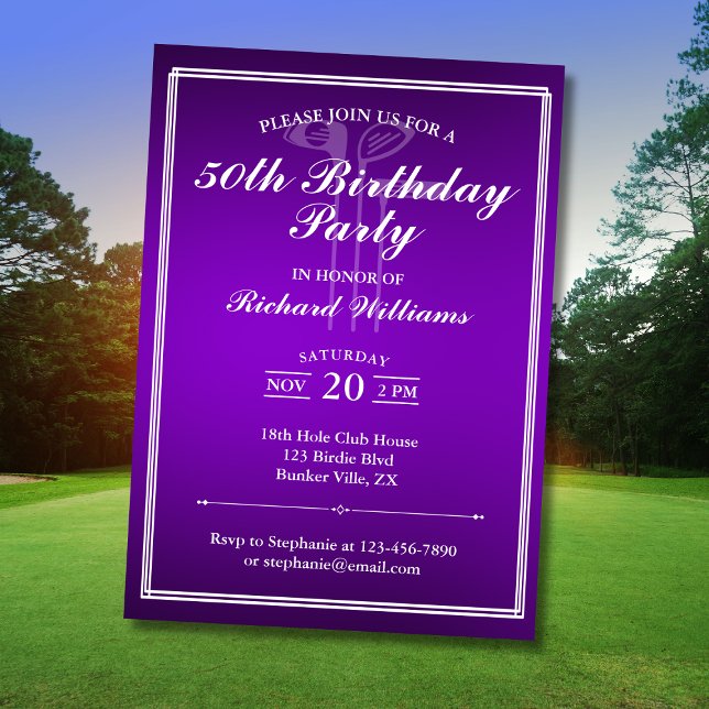 Classic Golf Theme Purple White 50th Birthday Invitation (Creator Uploaded)