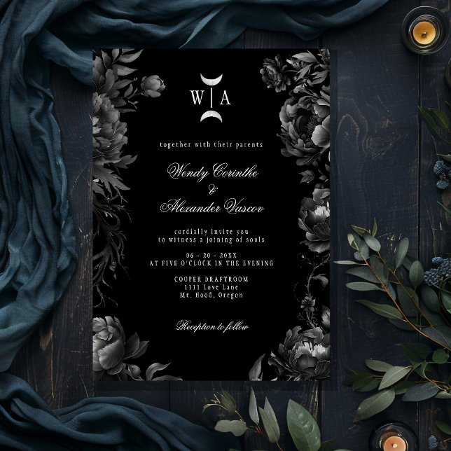 Classic Gothic Black Monogram Moon Crest Wedding Invitation (Creator Uploaded)