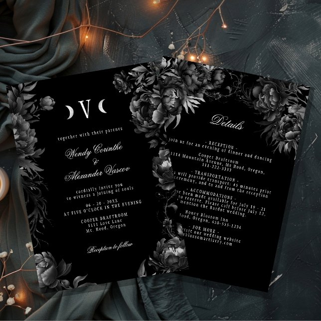 Classic Gothic Black Moon Monogram Wedding Details Invitation (Creator Uploaded)