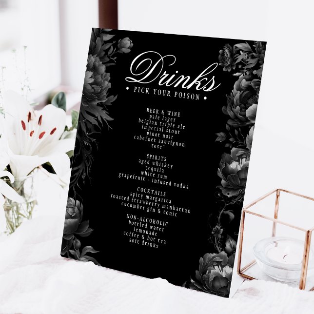Classic Gothic Black Wedding Drinks Menu Pedestal Sign (Creator Uploaded)