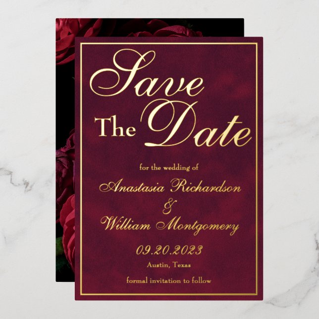 Classic Gothic Elegant Burgundy Gold Save The Date (Front/Back)