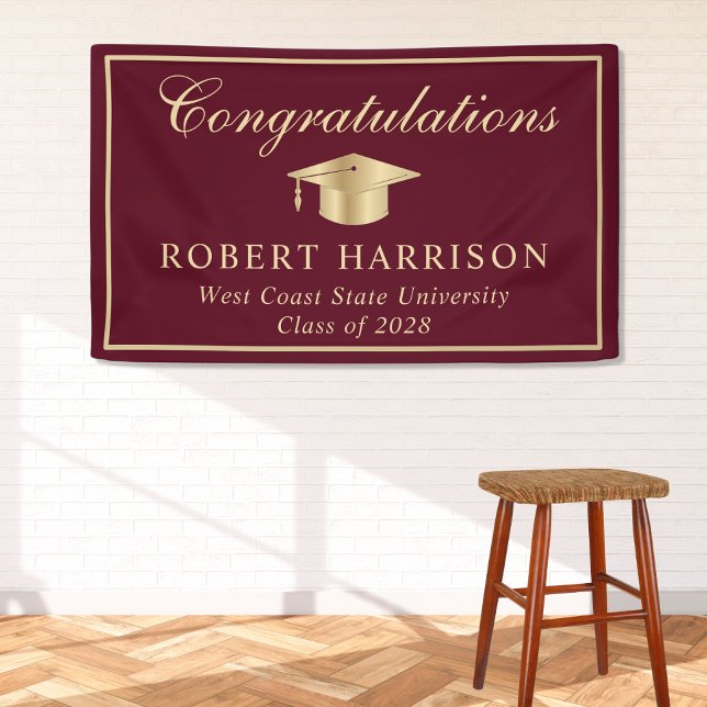 Classic Grad Cap Burgundy Gold Graduation Welcome Banner (Creator Uploaded)
