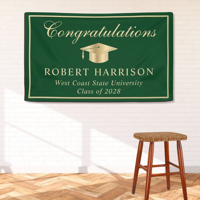 Classic Grad Cap Green Gold Graduation Welcome Banner (Creator Uploaded)