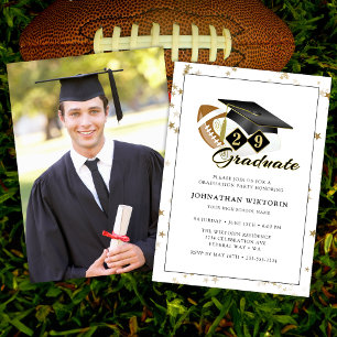 Classic Graduation Cap Black Gold Football Photo Invitation