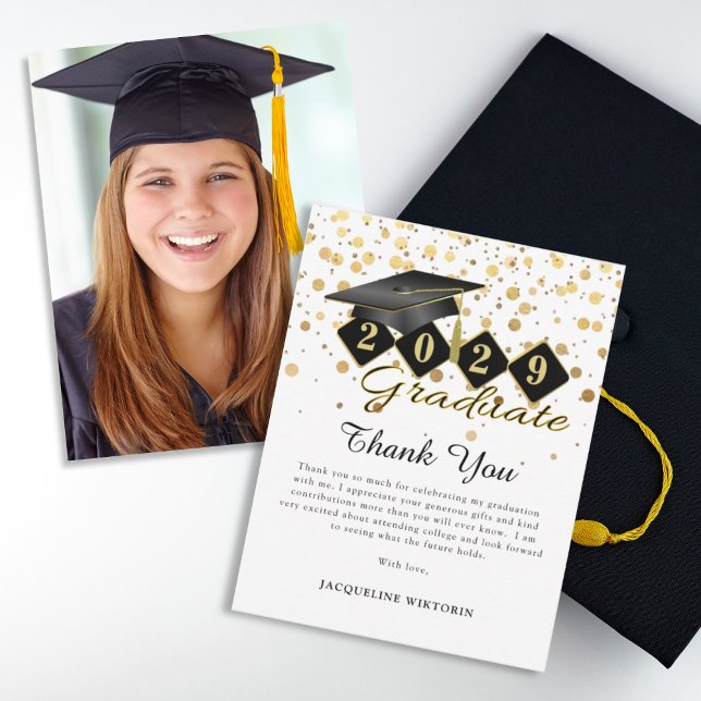 Classic Graduation Cap Black Gold Photo Thank You Card (Classic Graduation Cap Black Gold Photo Thank You Card)