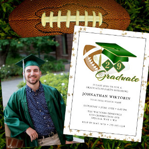 Classic Graduation Cap Green Gold Football Photo Invitation