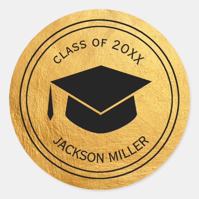 Classic Graduation Cap Personalised  GOLD Round Sticker (Front)