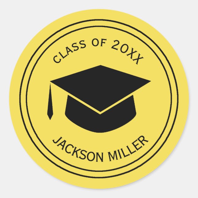 Classic Graduation Cap Personalised  YELLOW Classic Round Sticker (Front)