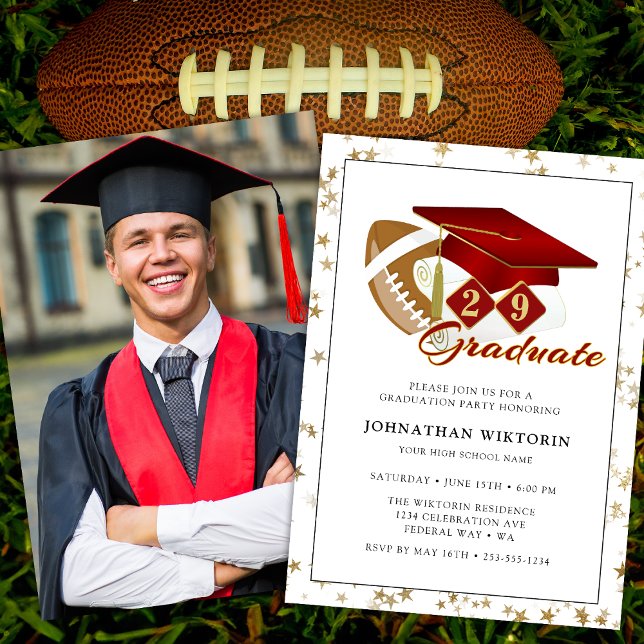 Classic Graduation Cap Red Gold Football Photo Invitation (Classic Graduation Cap Red Gold Football Photo Invitation)