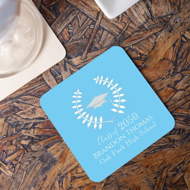 Classic Graduation Party Carolina Blue Custom Square Paper Coaster (Carolina blue laurel leaf custom graduation party paper coaster. )