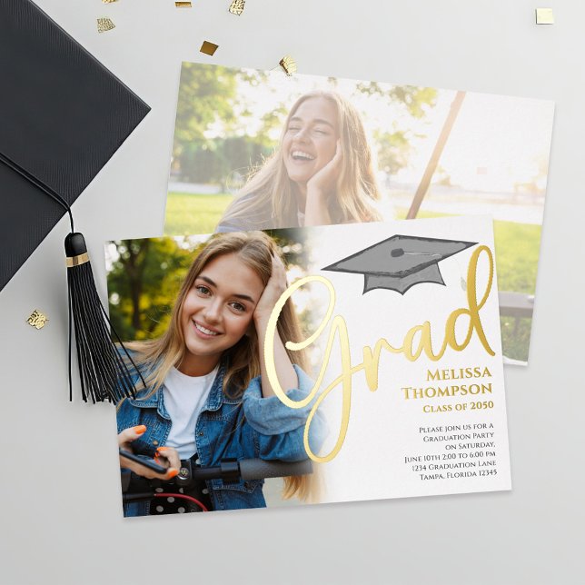 Classic Graduation Photo Template Gold Script (Gold foil graduation photo invitation announcement. )