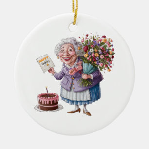 Classic Granny Bday with Giant Flowers Ceramic Ornament