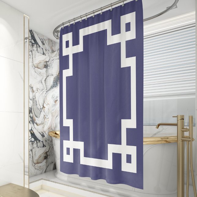 Classic Greek Key Border Navy Blue White Shower Curtain (Creator Uploaded)