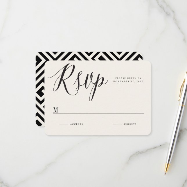 Classic Greek Key Calligraphy Script Chic Wedding RSVP Card (Front/Back In Situ)