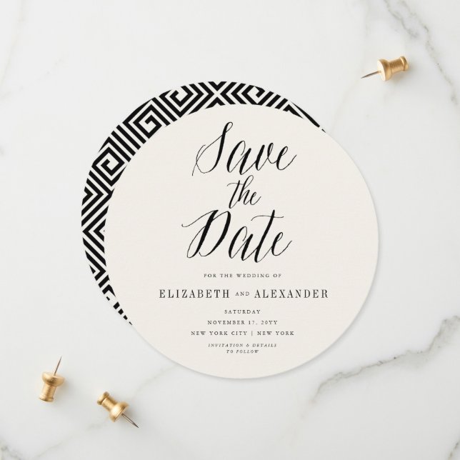 Classic Greek Key Save The Date Script Photo (Front/Back In Situ)