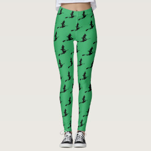 Classic Green and Black Flying Witch Broom Pattern Leggings