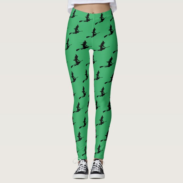 Classic Green and Black Flying Witch Broom Pattern Leggings (Front)