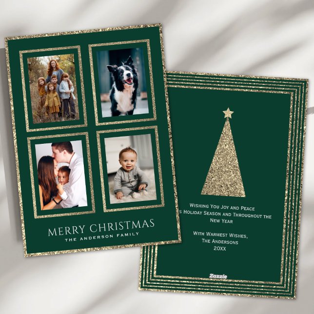 Classic Green and Gold Christmas Photo Collage Holiday Card (Creator Uploaded)