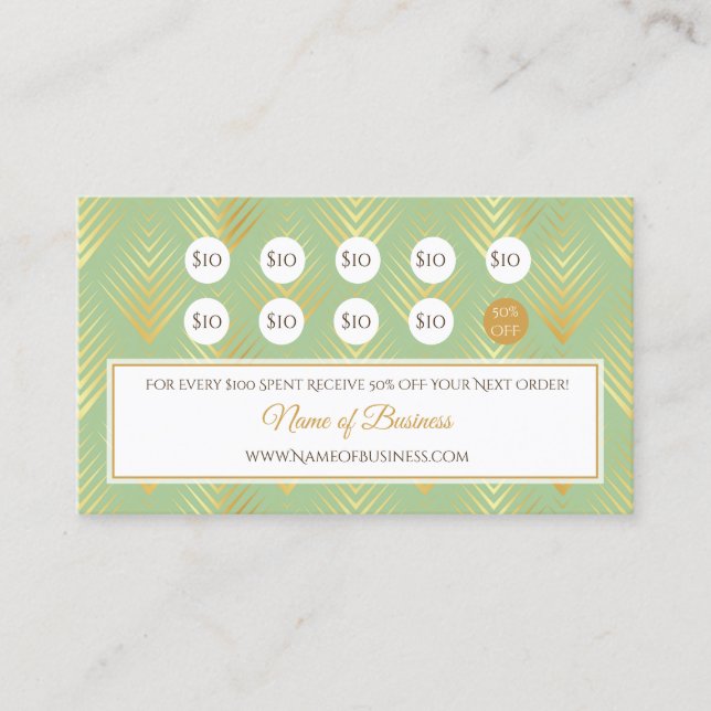 Classic Green and Gold Pattern Loyalty Punch Card (Front)