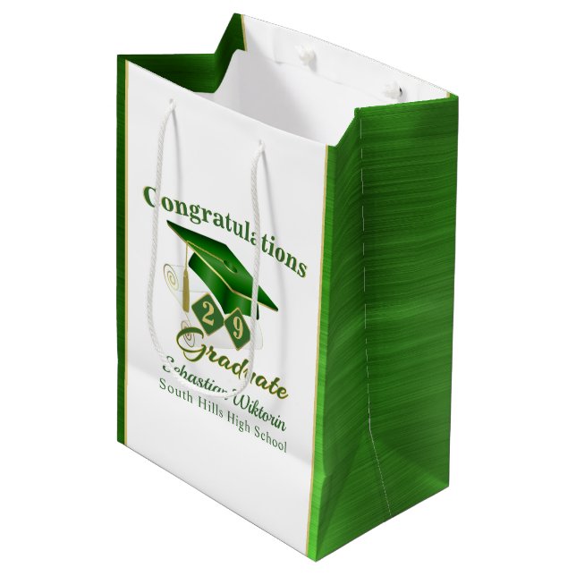 Classic Green and Gold Personalised Graduation Medium Gift Bag (Front Angled)