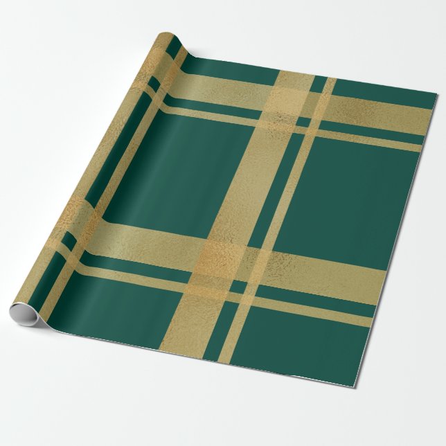 Classic Green and Gold Tartan Wrapping Paper (Unrolled)