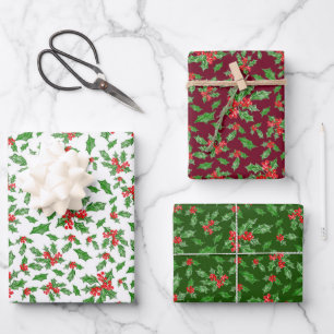 Classic Green and Red Christmas Holly Pattern Wrapping Paper Sheet