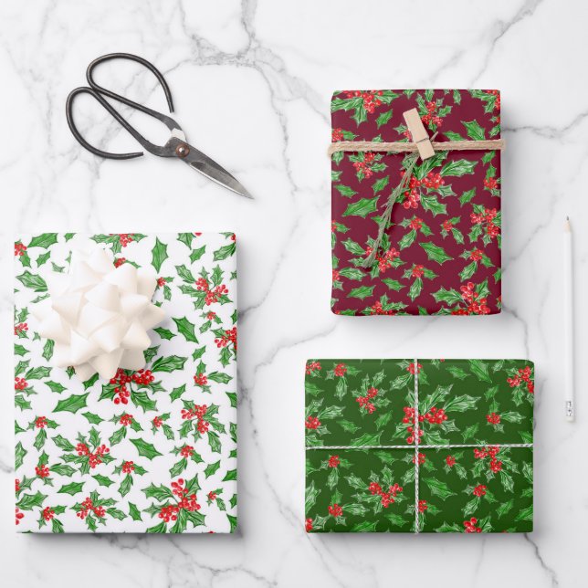 Classic Green and Red Christmas Holly Pattern Wrapping Paper Sheet (Front)