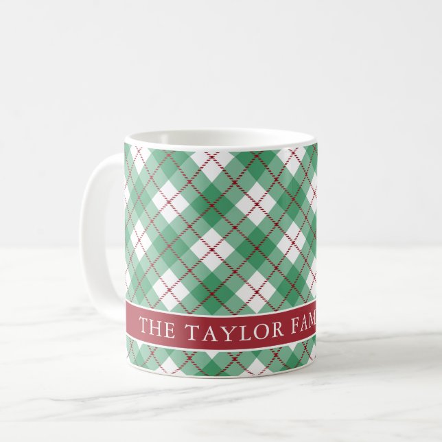Classic Green Argyle Plaid Preppy Family Name Coffee Mug (Front Left)